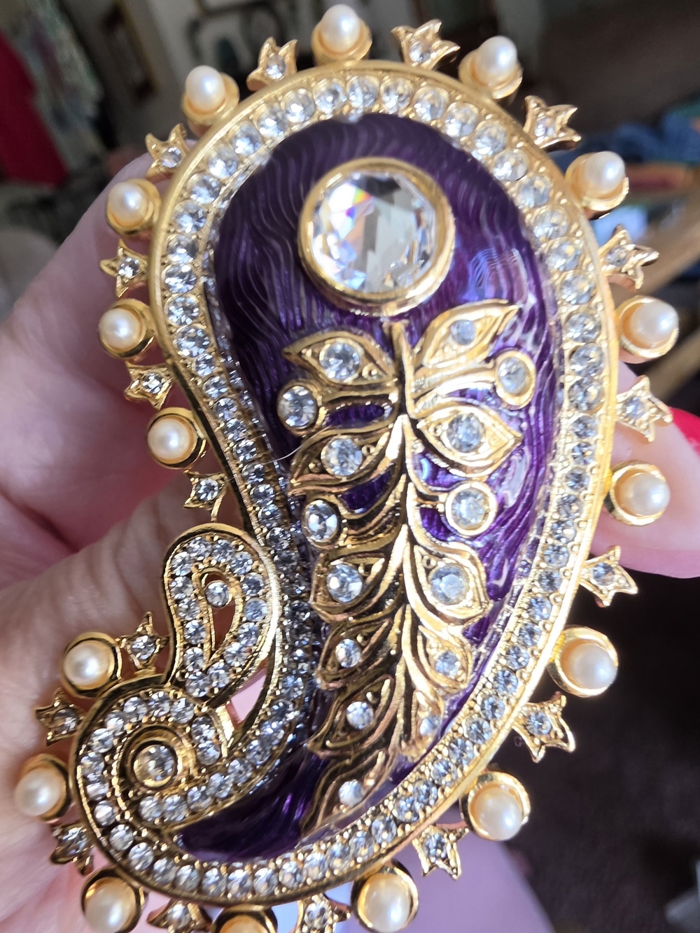 Gold-Tone Purple Enamel Paisley Brooch with Pearls & Crystals